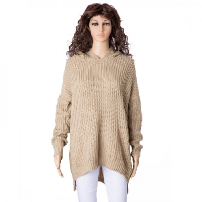 Hooded Long Sleeve Solid Color High-Low Hem Sweater